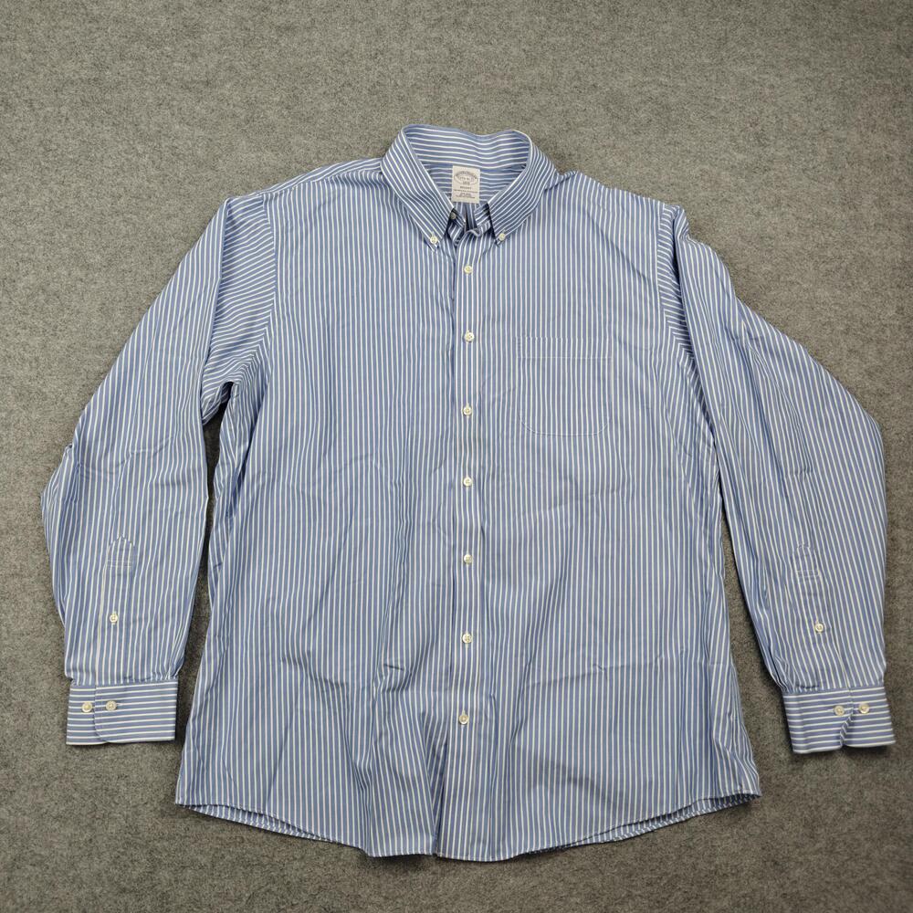 Brooks Brothers Dress Shirt Mens 17.5 Blue Striped Regent Non-Iron Classic Fit